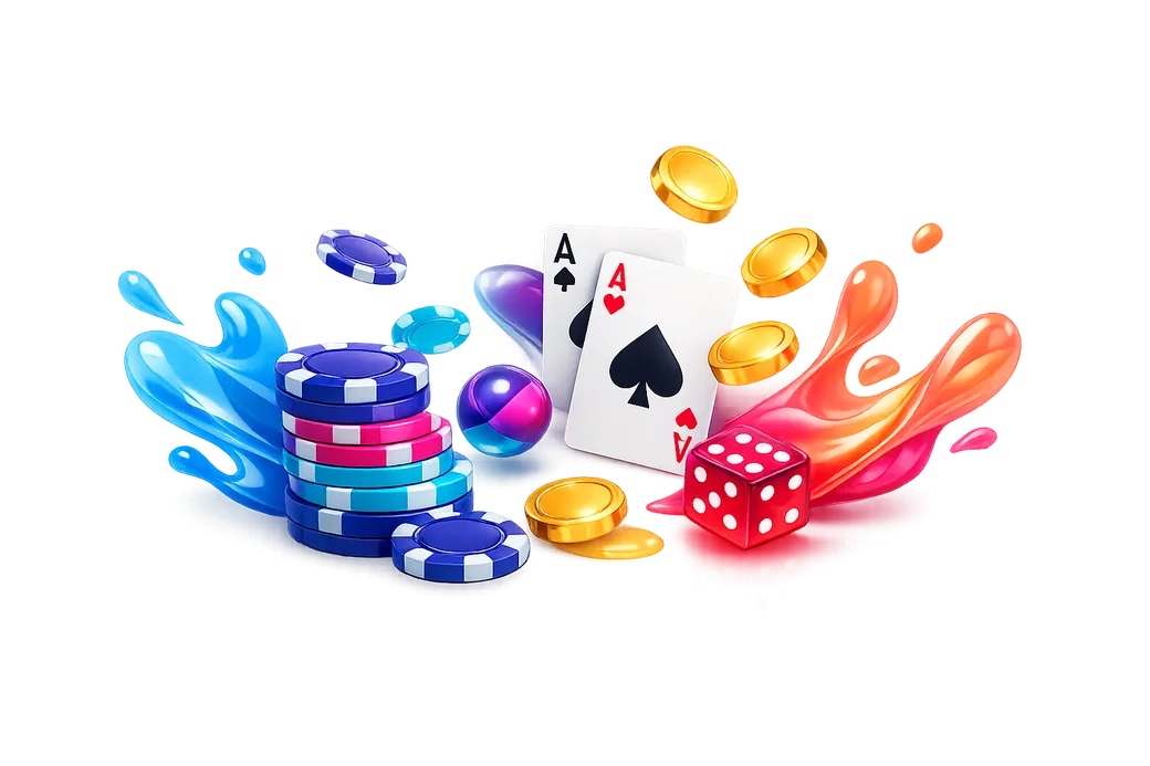 3D render of floating gaming elements with poker chips, playing cards, gold coins, and stylized flames on white background.