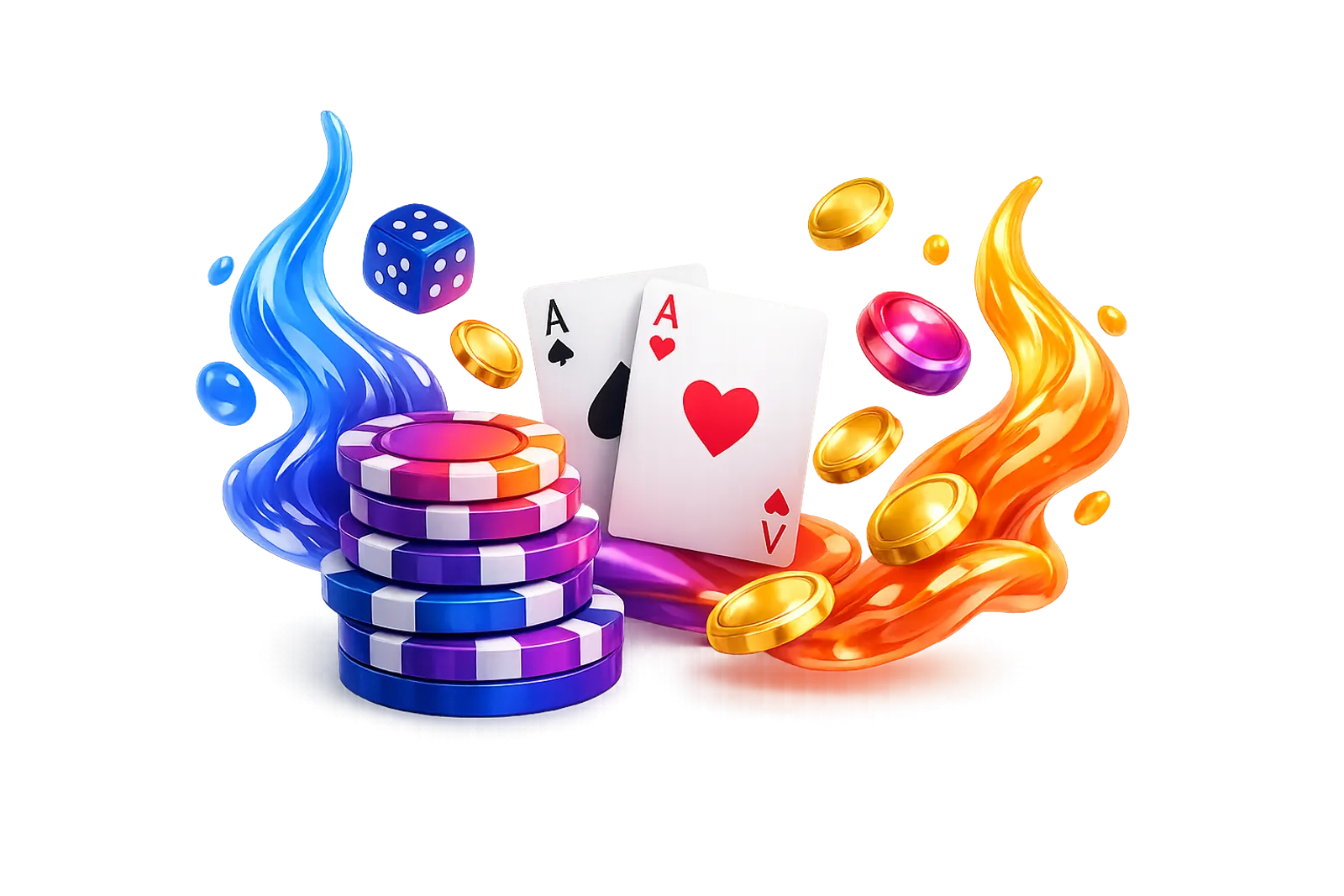 Abstract 3D casino banner for Spinoo with floating gaming elements, poker chips, cards, gold coins, and liquid flames on whit